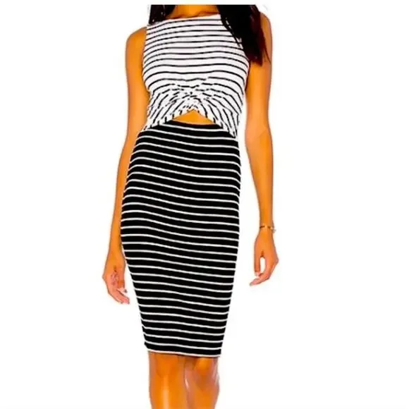 NWOT Bailey 44 balck white rabbit hole Striped Cut Out Midi Dress medium - Picture 2 of 9